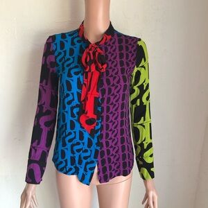 Desigual Janice Vibrant Multicolor Tie-Neck Long Sleeve Blouse Women’s Size S